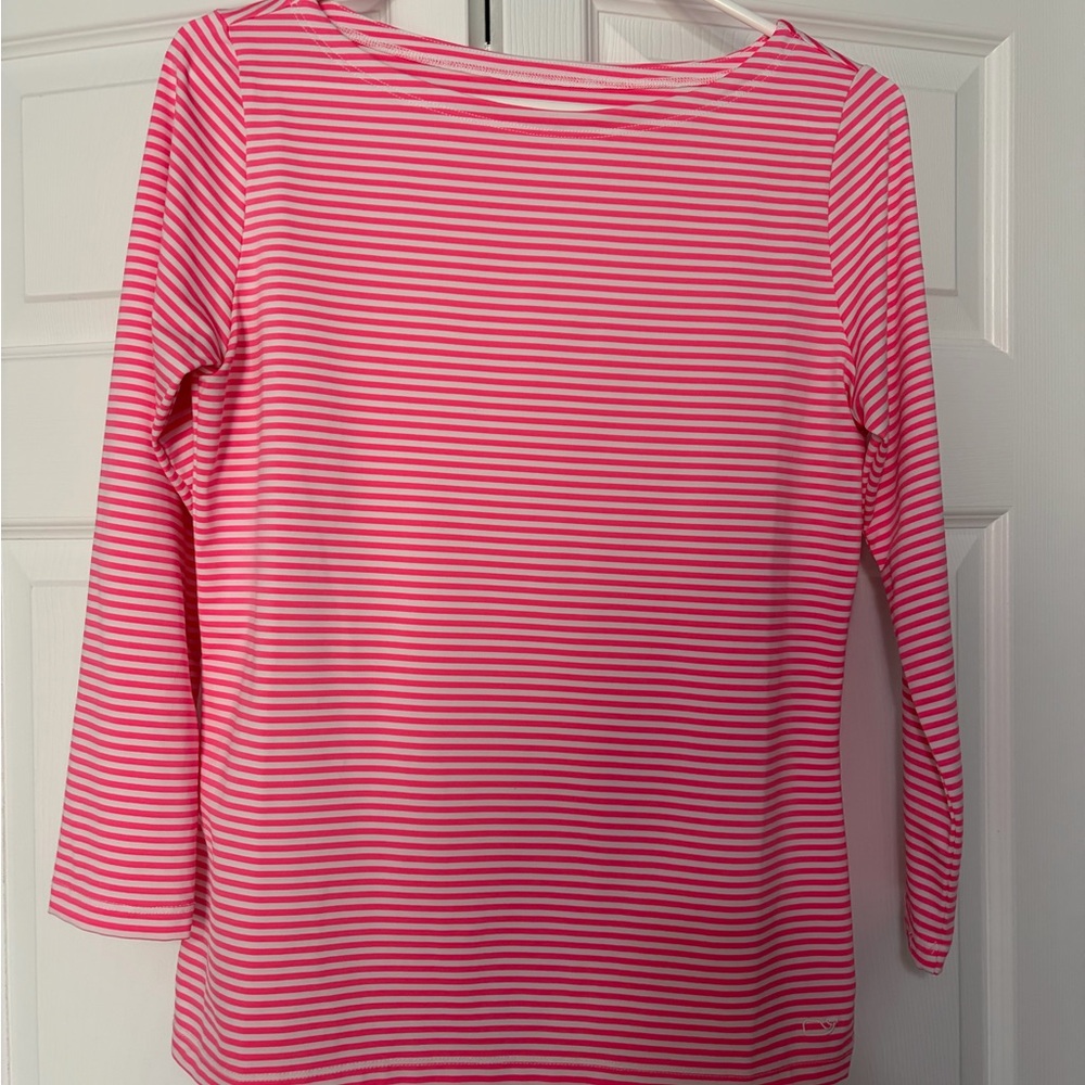 Vineyard Vines Pink and White Striped Long Sleeve Boatneck Top
